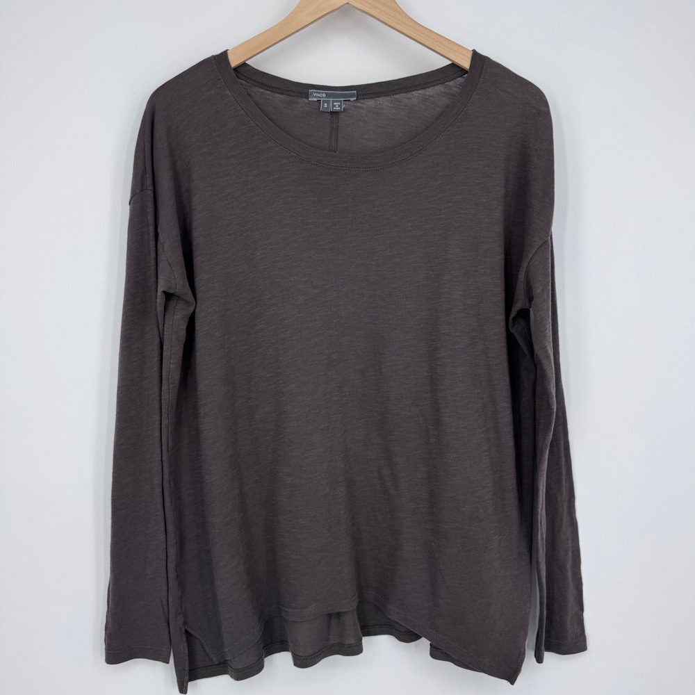 Vince Long Sleeve Top Womens S Brown Slub Cotton Minimalist Quiet Luxury